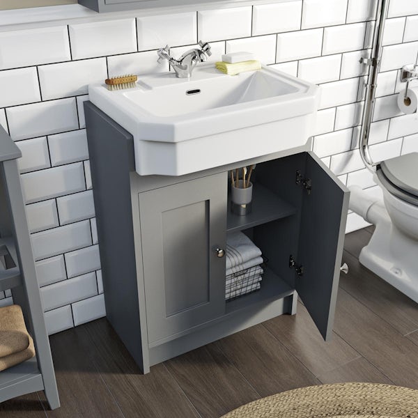 The Bath Co. Camberley satin grey floorstanding vanity unit and Eton semi recessed basin 600mm with tap