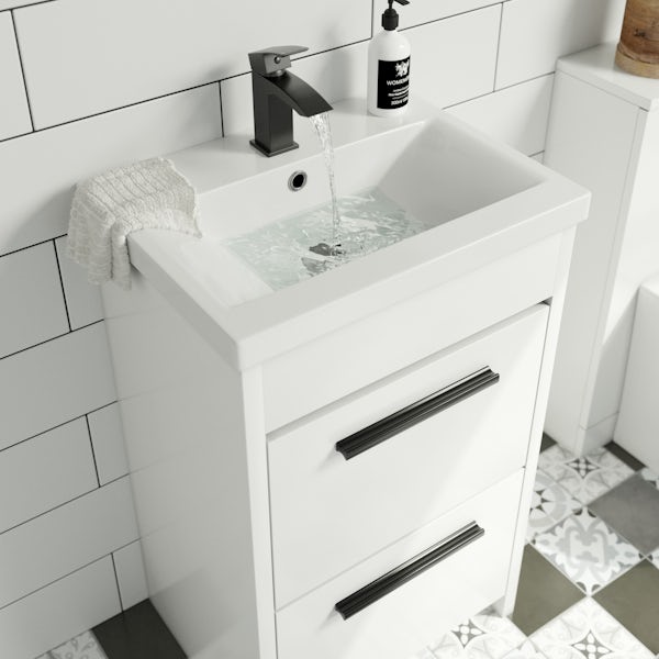 Clarity white floorstanding vanity unit with ceramic basin 510mm with tap and black handles
