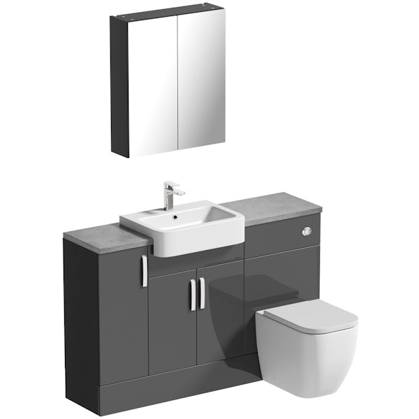 Mode Nouvel gloss grey small fitted furniture & mirror combination with beige worktop