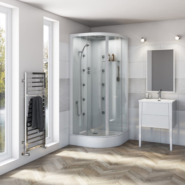Mode quadrant white glass backed hydro massage shower cabin 900 x 900