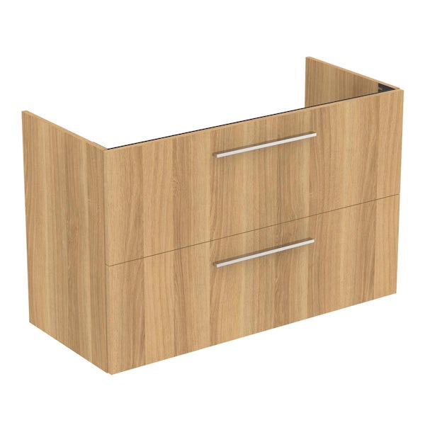 Ideal Standard i.life A natural oak wall hung vanity unit with 2 drawers and brushed chrome handles 1040mm