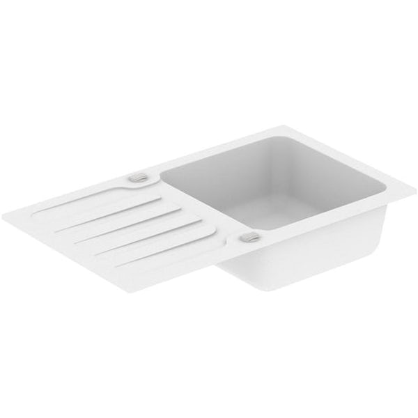 Schön Monte chalk white 1.0 bowl reversible kitchen sink with Schon Burgh kitchen tap